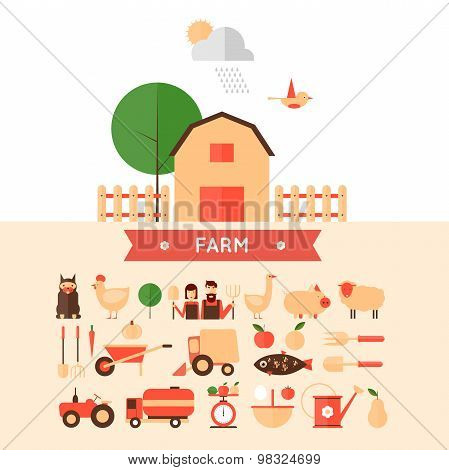 Farm in village set of icons.