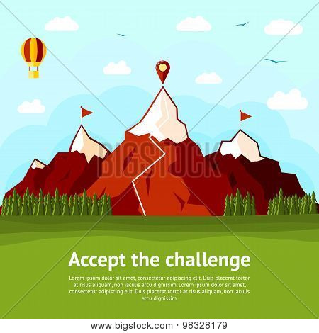 Accept the challenge concept card with high mountains, two explored and one unexplored. Vector