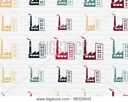 Manufacuring concept: Industry Building icons on wall background