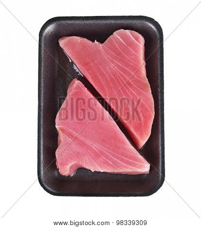 Ahi Tuna Raw Steaks in a Tray Isolated on White Background