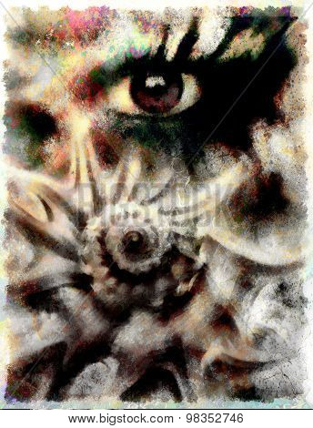 women eye beaming. color rust effect. painting collage and  Abstract  sea shell.