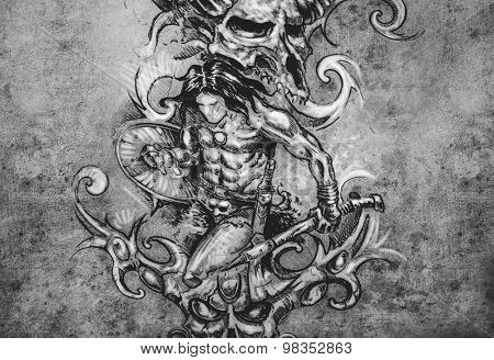 Tattoo art, hadmade sketch over vintage paper