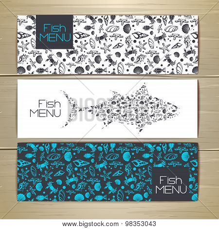 Set Of Fish Seafood Banners. Document Template