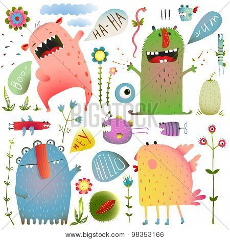 Fun Cute Monsters for Kids Design Colorful Collection with Flowers and Speech Bubbles
