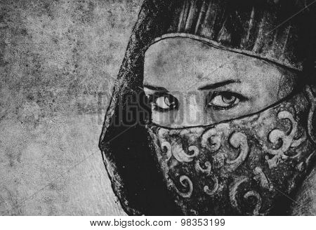 Sketch made with digital tablet of arabic woman, desert