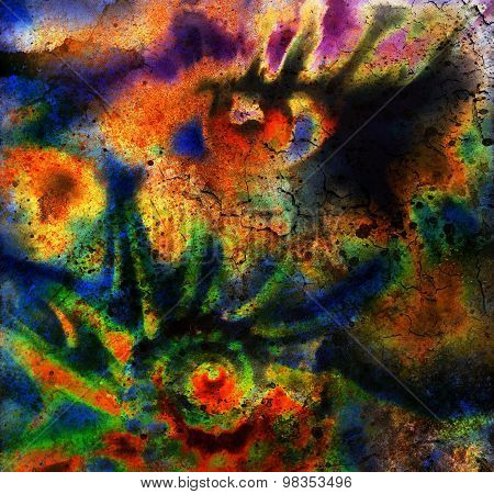 women eye beaming. color rust effect. painting collage and  Abstract  sea shell.