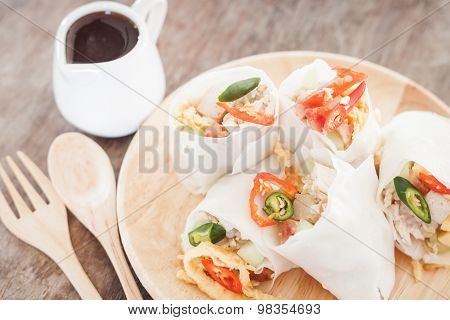 Fresh Spring Rolls On Wooden Table