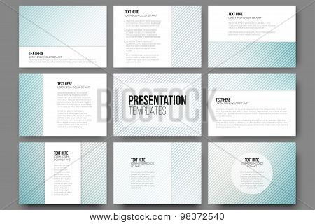 Set of 9 templates for presentation slides. Diagonal lines patterns, pastel vector backgrounds