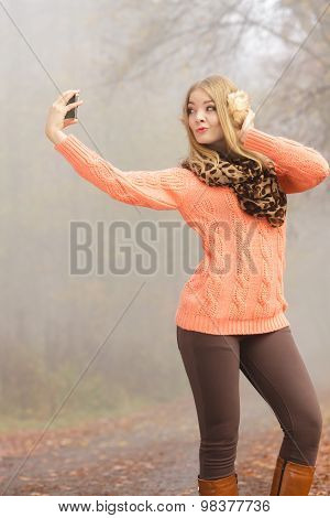 Lovely Fashion Woman In Park Taking Selfie Photo.