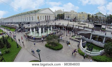 MOSCOW - AUG 12, 2014: Manezh Square and the building of the Central Exhibition Hall, aerial view