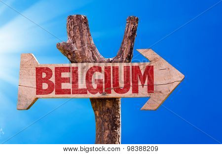 Belgium wooden sign with sky background