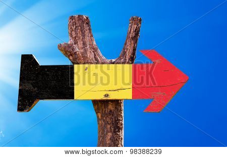 Belgium Flag wooden sign with sky background