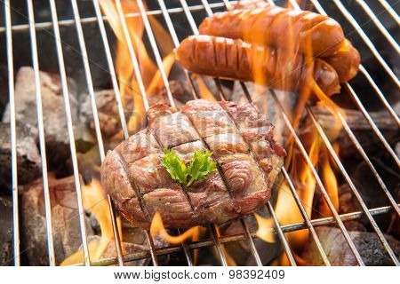 Bbq Meat Steak And Sausages On The Grill