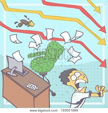 Funny cartoon illustration of manager or chief executive panicking and running from office with cactus chair, chart arrows in the background showing business downfall