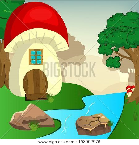 Mushroom house in the woods illustration vector