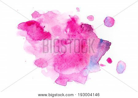 Abstract watercolor pink stain with splash. Isolated on white background. Perfect for your text or design.