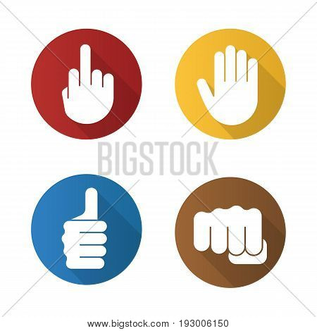 Hand gestures flat design long shadow glyph icons set. Middle finger up, palm, punch, thumbs up. Vector silhouette illustration