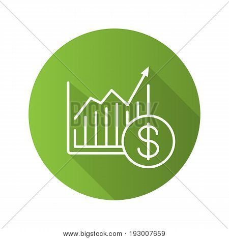 Market growth chart flat linear long shadow icon. Statistics diagram with dollar sign. Vector outline symbol