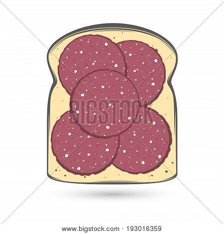 Vector stylized image of a slice of bread in a toast with five slices of smoked sausage.