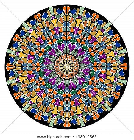 Mandala composed of small colorful slivers. Geometric symmetric round rosette. Pattern for meditation or just for decoration. EPS 10 vector