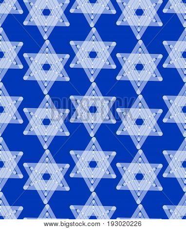 Star of David decoration tile with geometric vintage yew ornament white stars on dark blue background design eps10 vector. Seamless background with religious motif.