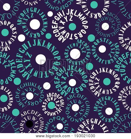 Avantgarde crazy seamless vector background with spiral patterns composed of alphabet characters in cool green and dark blue contrasting with white elements.