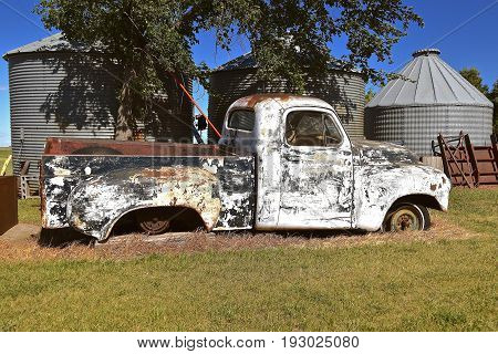 ISABEL, SOUTH DAKOTA, June 23, 2017: The frame of an old pickup needing repair is product of the American manufacturer Studebaker Brothers Manufacturing Company based in South Bend, Indiana, founded in 1852 and incorporated in 1868.