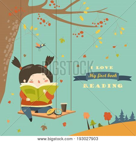 Cute girl swinging and reading a book in autumn park. Vector illustration
