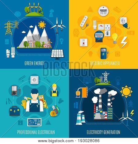 Flat compositions with electricity generation including wind turbines, green energy, professional electrician and equipment isolated vector illustration