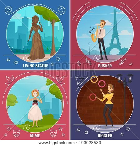 Street artists 2x2 cartoon design concept with busker mime juggler and living statue compositions flat vector illustration