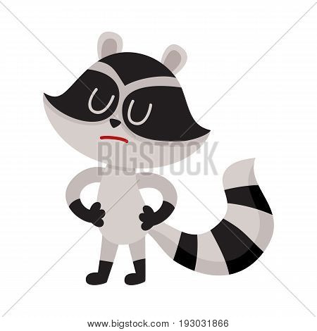 Cute displeased, sad raccoon character showing negative emotion, cartoon vector illustration isolated on white background. Sad, displeased little raccoon standing with closed eyes and pursed mouth