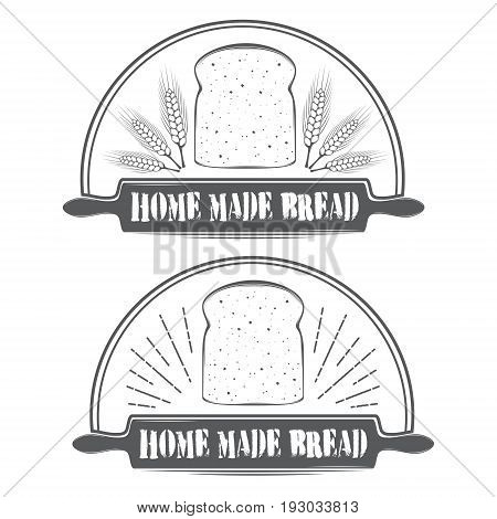 Vector stylized black-and-white logo for the bakery with a picture of wheat rolling pin and dough bread.