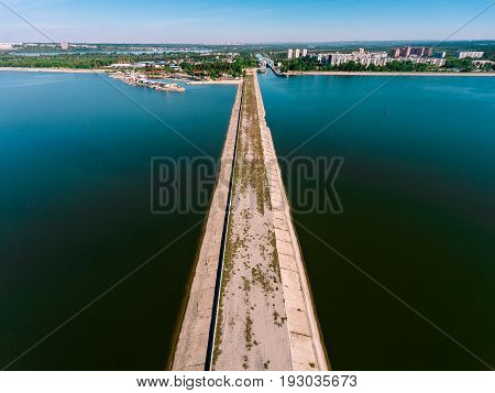 Aerial view breakwater at sea, cutwater, pier, groyne mole