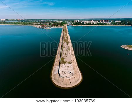 Aerial view breakwater at sea, cutwater, pier, groyne mole