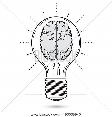 Vector graphic image of the light bulb. Inside the bulb is a symbolic image of the human brain. It symbolizes an idea inspiration light of consciousness.