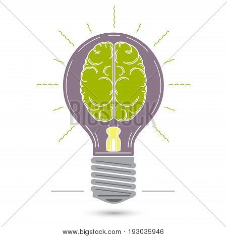 Vector graphic image of the light bulb. Inside the bulb is a symbolic image of the human brain. It symbolizes an idea inspiration light of consciousness.