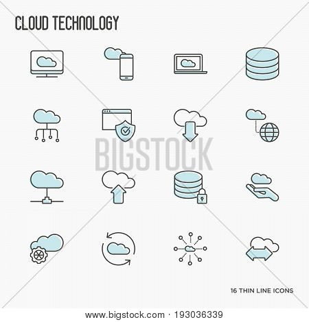 Cloud computing technology thin line icons set related to hosting, server storage, cloud management, data security, mobile and desktop memory. Vector illustration.