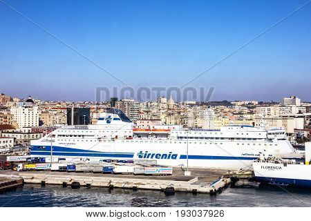 Naples, Italy - May 30, 2017: Naples sea port, passenger ship Tirrenia