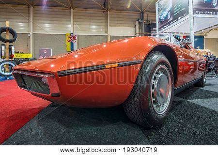 MAASTRICHT NETHERLANDS - JANUARY 15 2016: Mid-engined two-seat coupe Maserati Bora 1973. International Exhibition InterClassics & Topmobiel 2016
