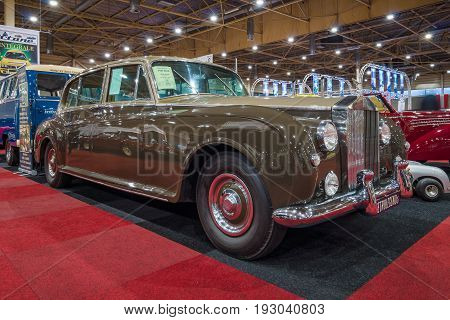MAASTRICHT NETHERLANDS - JANUARY 15 2016: Large ultra-exclusive four-door saloon Rolls-Royce Phantom V 1961. International Exhibition InterClassics & Topmobiel 2016