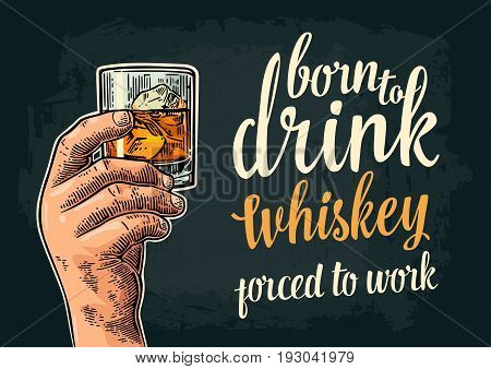 Male hand holding a glass with whiskey and ice cubes. Born to drink forced to work lettering. Vintage color vector engraving illustration for label poster invitation to party and birthday.