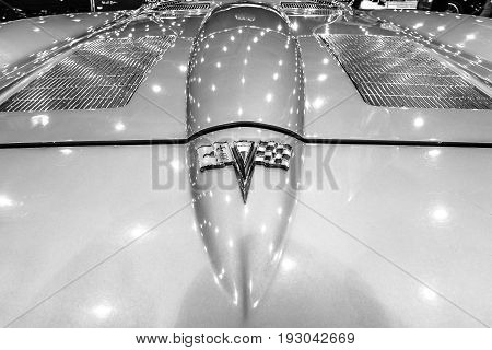 MAASTRICHT NETHERLANDS - JANUARY 15 2016: Detail and emblem of the sports car Chevrolet Corvette C2 