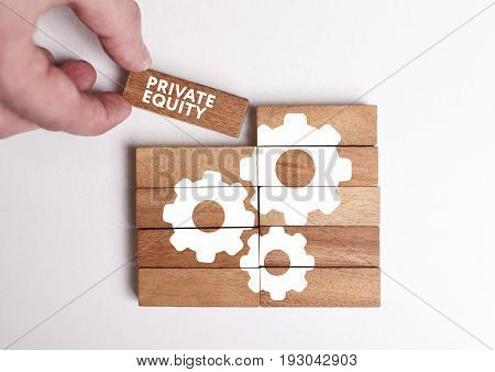 Business, Technology, Internet And Network Concept. Young Businessman Shows The Word: Private Equity
