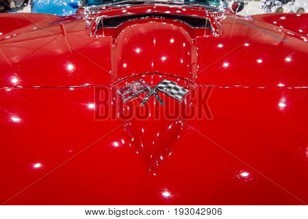 MAASTRICHT NETHERLANDS - JANUARY 15 2016: Detail and emblem of the sports car Chevrolet Corvette C2 