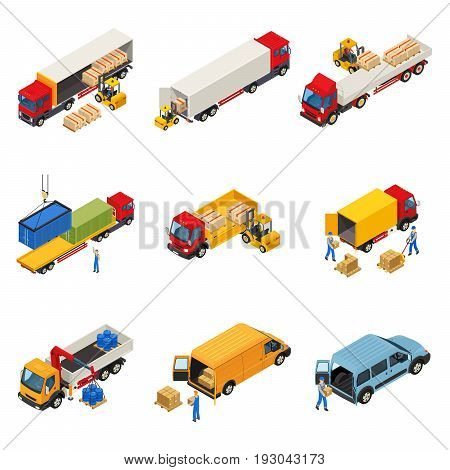 Truck isometric set with images of vehicular loading goods and containers into commercial cargo freight vehicles vector illustration