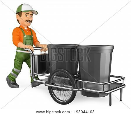 3d working people illustration. Street sweeper working with his garbage trolley. Isolated white background.