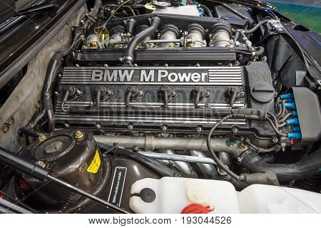 MAASTRICHT NETHERLANDS - JANUARY 15 2016: Engine M Power of BMW 3 Series (E36). Close-up. International Exhibition InterClassics & Topmobiel 2016
