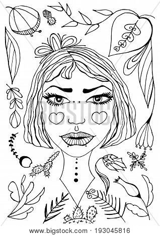 Doodle fairy girl on a background of painted black-and-white plant, portrait vector illustration
