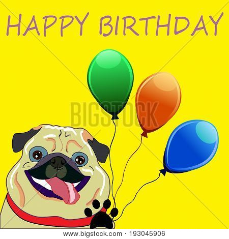 Cute Pug with balloons - perfect newborn announcement card or happy birthday card template made in vector.