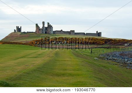 Dunstanburgh castle with green meadow grass fieldx Craster in Northumberland England UK